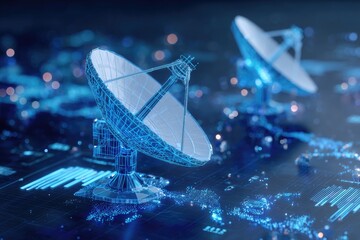 Futuristic, glowing image of two satellite dishes, digital and rendered with blue light
