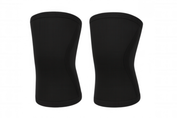 Pair of black neoprene knee braces providing orthopedic support for athletes and fitness enthusiasts, with a transparent background