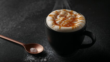 Salted Caramel Latte, hot espresso blended with steamed milk and rich caramel syrup, topped with foamy milk and golden caramel drizzle, modern lifestyle beverage visuals