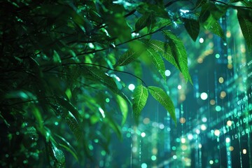 Close-up of verdant leaves, with blurred data stream in the background; digital world