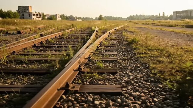 Old rusty railway tracks overgrown with grass and weeds, leading to an abandoned industrial area at sunset.