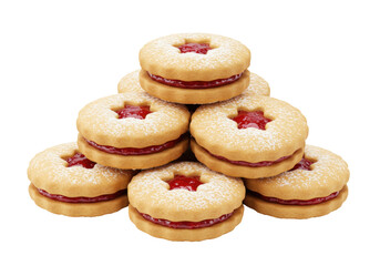 Stack of Linzer cookies with raspberry jam isolated, traditional Austrian biscuits dusted with powdered sugar for Christmas baking
