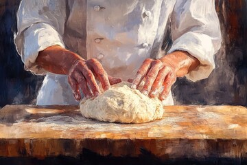 Chef's hands expertly knead fresh dough on a flour-dusted wooden board, a classic baking scene captured in painterly style.