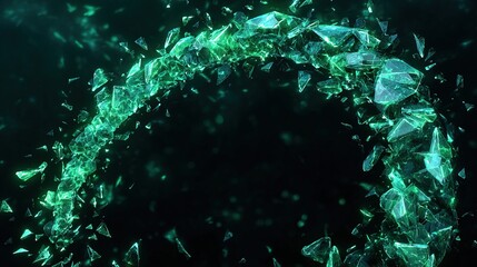 A glowing, emerald green ring of shattered glass particles floats against a dark, bokeh-filled backdrop