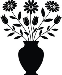 Black silhouette of a vase with flowers and leaves on white background bouquet floral