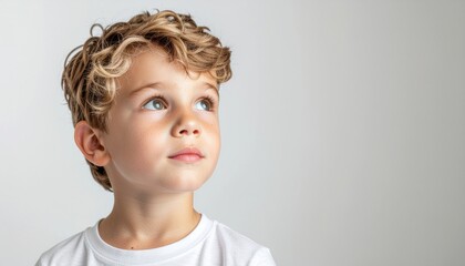 Young child with attentive listening face small nod large soft key neutral canvas backdrop friendly studio portrait for education counseling and community messaging