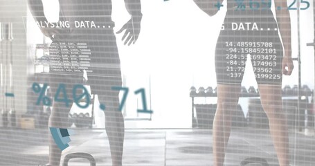 Camera focusing kettlebells and legs, data expanding charts shaking hands tracking fitness metrics - Powered by Adobe