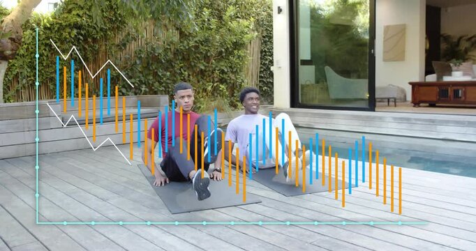 Two male friends engaging flutter kicks as music playing, animated graphs tracking fitness metrics