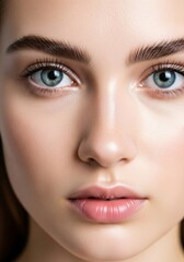 Fototapeta premium Closeup portrait of a young womans face with clear, glowing skin and striking blue eyes, showcasing natural beauty and healthy complexion