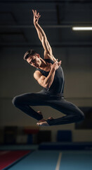 A gymnast practicing indoors, artistic movement photography.