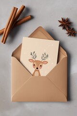 Cute illustrated deer card inside a brown envelope with cinnamon sticks and star anise on a gray background