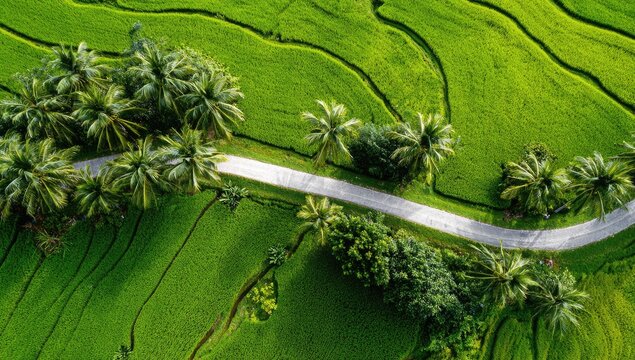 Aerial view of winding road through vibrant green rice paddies. Palm trees line the path