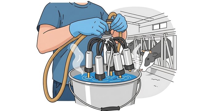 Dairy Farmer Sanitizing Milking Equipment for Cow Health.
