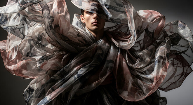 A man in sheer artistic fabric, abstract fashion portrait.