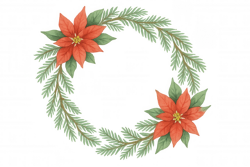 Christmas wreath with poinsettia flowers and pine branches creating festive holiday frame, watercolor illustration