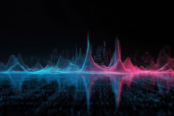Futuristic cityscape with data visualization in neon blue and red, abstract and digital