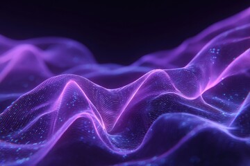 Abstract visualization features undulating, illuminated violet forms against a dark backdrop