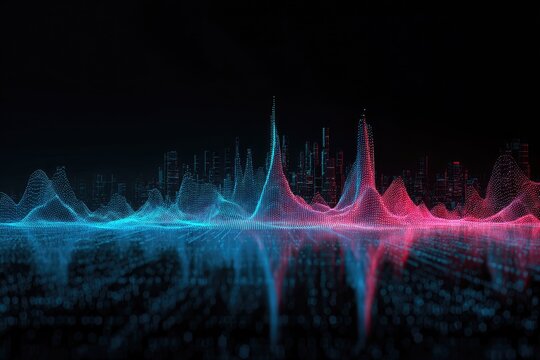 Futuristic cityscape with data visualization in neon blue and red, abstract and digital