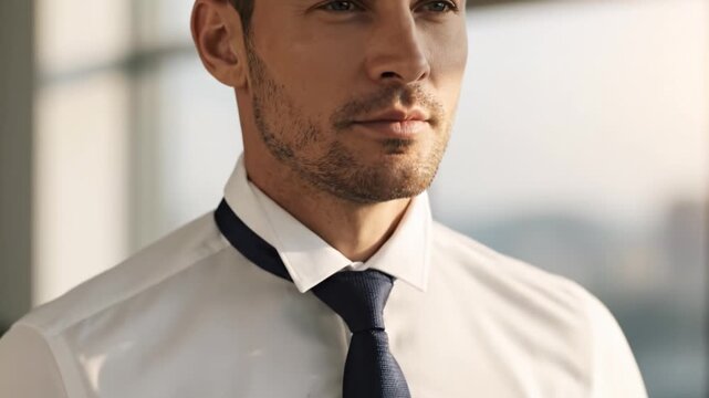 Confident man in formal shirt and tie showcases professional style, exuding confidence and sophistication in well lit indoor portrait, reflecting determination and readiness for business