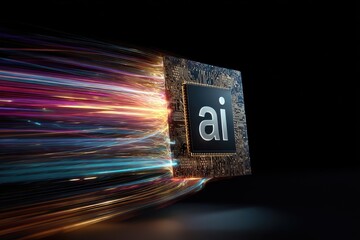 Metallic CPU with glowing color streaks emanating, representing AI & technological advancement