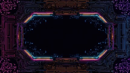 Futuristic frame, neon accents, geometric patterns, dark background, glowing circuits