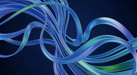 Abstract swirling ribbons of iridescent blue and green metallic material on a dark navy background