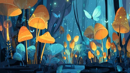 Stylized, luminous mushroom forest with butterflies, lit by glowing particles
