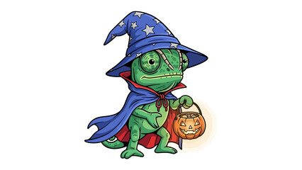 Wizard Chameleon with a pumpkin basket: A charming chameleon in a wizard hat, dressed in a blue cape, carries a pumpkin basket and brings an endearing visual for any theme. 