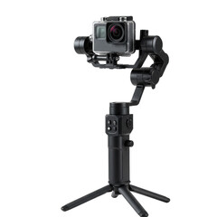 Black action camera and 3-axis handheld gimbal stabilizer on a small photography tripod isolated PNG with Transparent Background