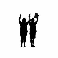 Villagers proudly showing completed writing exercises silhouette isolated on white background