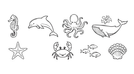 Collection of hand-drawn marine life icons featuring dolphin octopus whale seahorse and shell vector