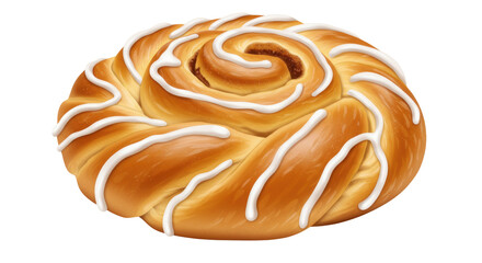 Sweet cinnamon roll with icing isolated on transparent background, delicious pastry for breakfast and dessert