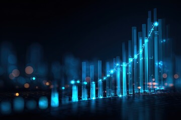 Futuristic visualization of rising bars and a curved line, indicating growth against a dark backdrop