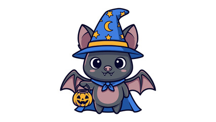 Spooky Bat in Wizard Attire: A cute and whimsical bat, dressed in a wizard's hat and cloak, proudly holding a glowing jack-o'-lantern, embodies the spirit of Halloween.