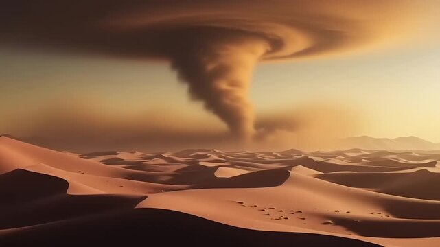 Massive dust devil swirls across vast desert landscape at sunset.