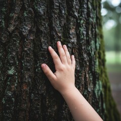 Child hand gently touching the deeply textured, wet bark of an ancient tree or a rough, natural stone wall. The focus is sharp on the texture and the small fingers, conveying nature exploration