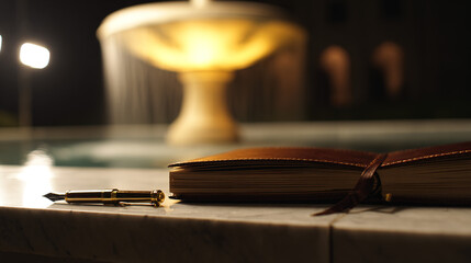Obraz premium guestbook. Open leather-bound guestbook on a counter with a fountain pen, classic and elegant. lifestyle magazines, social media lookbooks, designed for lifestyle magazines and social media content. 