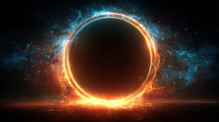 A glowing portal of fire and blue energy opens in the cosmos, framed by a dark void