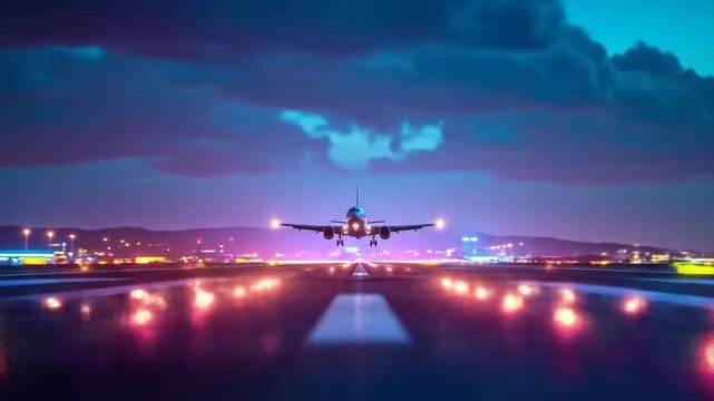 Night Landing Airplane on Runway at City Airport