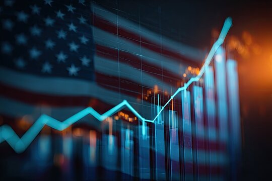 Abstract financial chart with an upward trend, superimposed on the blurred American flag