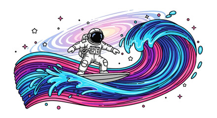 Obraz premium An astronaut surfs a colorful wave that blends into a galaxy background with stars.