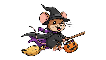 Whimsical Halloween Mouse Witch: A charming illustration of a cheerful mouse dressed as a witch, riding a broom with a jack-o'-lantern treat bag, perfect for Halloween-themed projects.
