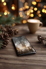 Warm coffee beside a phone displaying a festive wallpaper in a cozy holiday setting with pine cones and soft lights