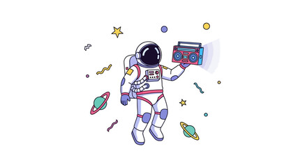 Naklejka premium An astronaut floats in space, holding a retro boombox, surrounded by planets and stars.
