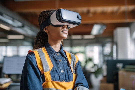 Corporate construction employee wearing VR headset during virtual reality safety training in industrial office space, immersive workplace learning and modern HR technology
- Powered by Adobe