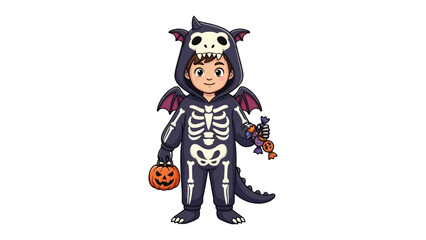 Spooky Dragon Costume: A young child, dressed in a creative dragon costume, holds a candy and a carved pumpkin, embodying the spirit of Halloween's traditions in this detailed illustration.