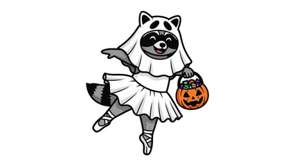 Raccoon's Halloween Ballet: A charming illustration captures a raccoon in a ballerina pose. The masked raccoon wears a Halloween costume, holding a carved pumpkin candy basket.