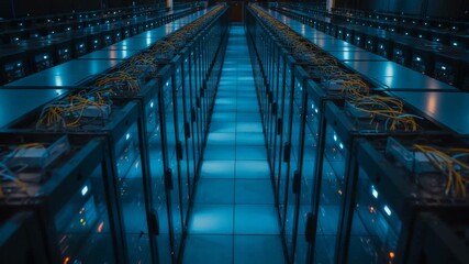 Powerful data center servers humming with activity, showcasing cutting-edge technology and robust network infrastructure for global digital solutions - Powered by Adobe