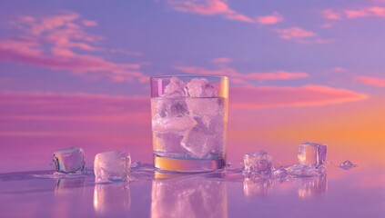 Glass of water with ice cubes against a vibrant sunset sky.