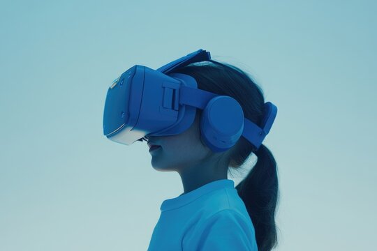 Youthful explorer experiencing immersive virtual reality with a stylish blue VR headset, symbolizing future technology and digital interaction.